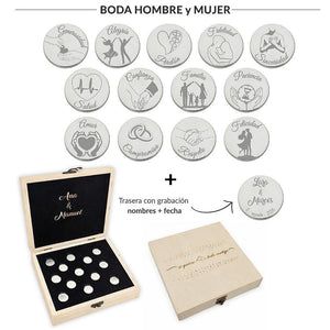 ARRAS PERSONALIZADAS BODA HOMBRE + MUJER · ACERO PLATEADO + ESTUCHE MADERA