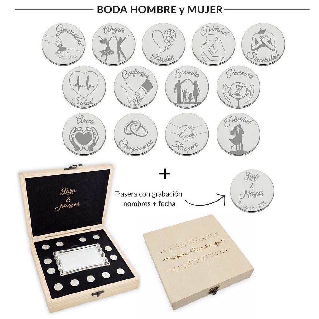 ARRAS PERSONALIZADAS BODA HOMBRE + MUJER · ACERO PLATEADO + ESTUCHE MADERA + BANDEJA