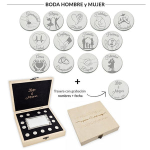 ARRAS PERSONALIZADAS BODA HOMBRE + MUJER · ACERO PLATEADO + ESTUCHE MADERA + BANDEJA