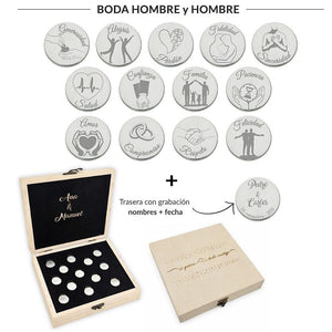 ARRAS PERSONALIZADAS BODA HOMBRE + HOMBRE · ACERO PLATEADO + ESTUCHE MADERA