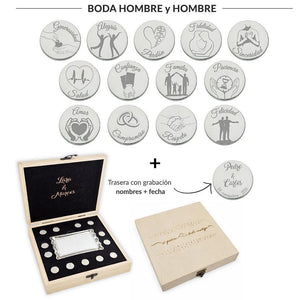 ARRAS PERSONALIZADAS BODA HOMBRE + HOMBRE · ACERO PLATEADO + ESTUCHE MADERA + BANDEJA