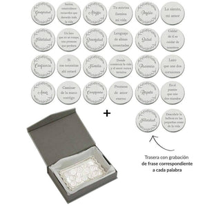 ARRAS PERSONALIZADAS PALABRA + FRASE · ACERO PLATEADO + BANDEJA + ESTUCHE