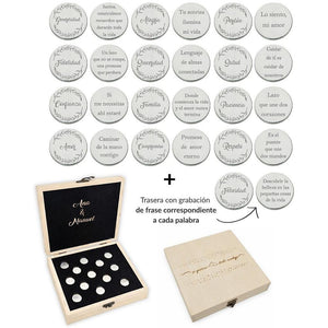 ARRAS PERSONALIZADAS PALABRA + FRASE · ACERO PLATEADO + ESTUCHE MADERA