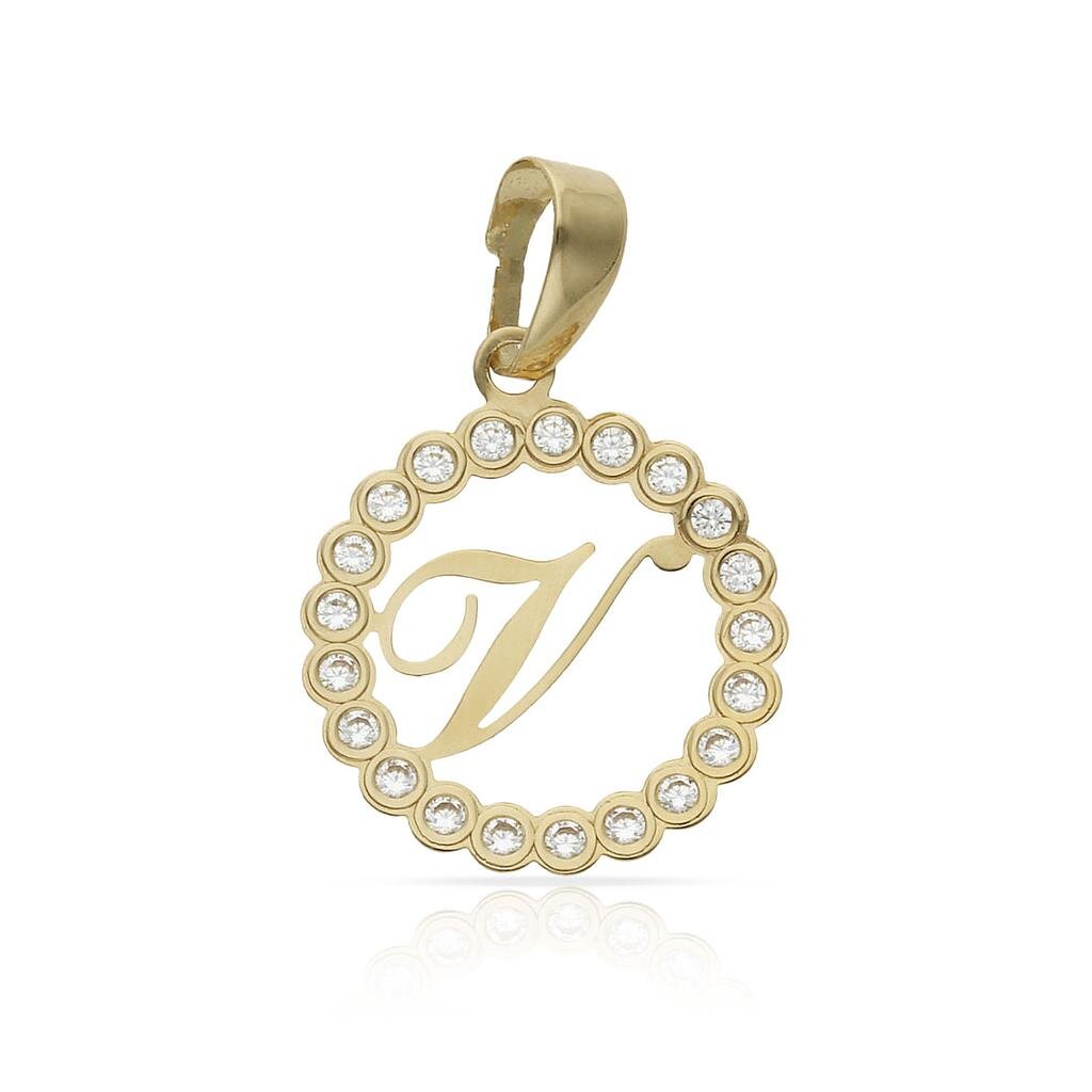 COLGANTE ORO 18KL LETRA CIRCONITAS - 12MM - Abecedario: v 