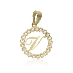 COLGANTE ORO 18KL LETRA CIRCONITAS - 12MM - Abecedario: v 