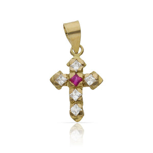 CRUZ ORO 18KL PIEDRA ROJA + CIRCONITAS - 12x17MM - Piedra: Rojo 