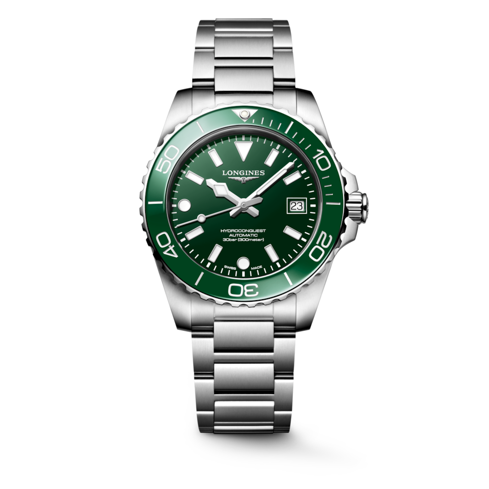 Longines Hydroconquest L3.779.4.06.6, esfera verde, bisel verde y brazalete de eslabones de acero inoxidable
