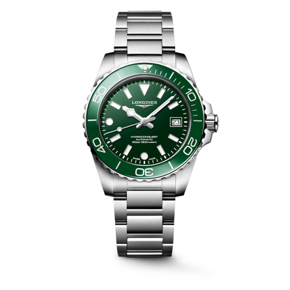 Longines Hydroconquest L3.779.4.06.6, esfera verde, bisel verde y brazalete de eslabones de acero inoxidable