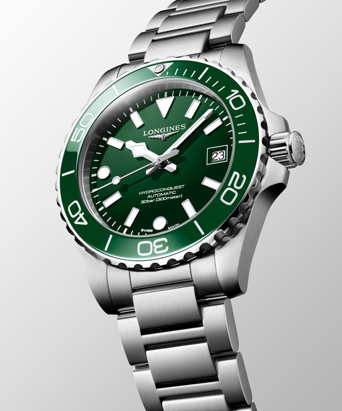 Longines Hydroconquest L3.779.4.06.6: esfera verde, bisel cerámico verde y brazalete de acero