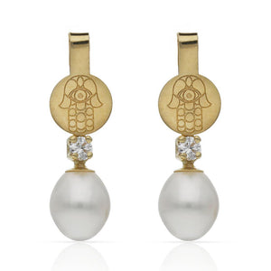 PENDIENTES ORO 18KL MANO DE FATIMA + PERLAS
