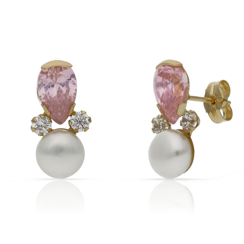 PENDIENTES ORO 18KL ROSA + CIRCONITAS + PERLA