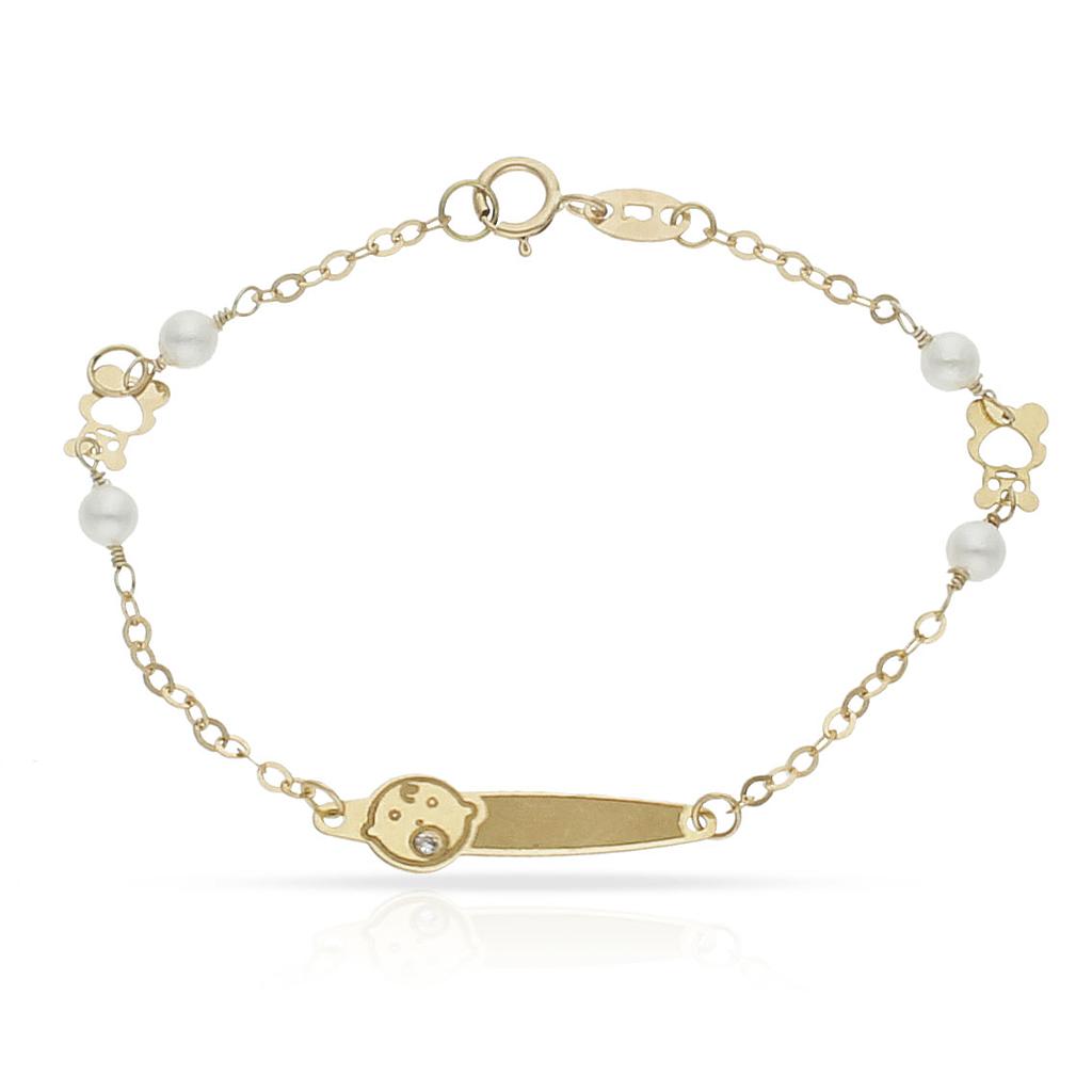 PULSERA ORO 18KL BEBE PERLAS Y CIRCONITA - Peso: 1.15 gr 