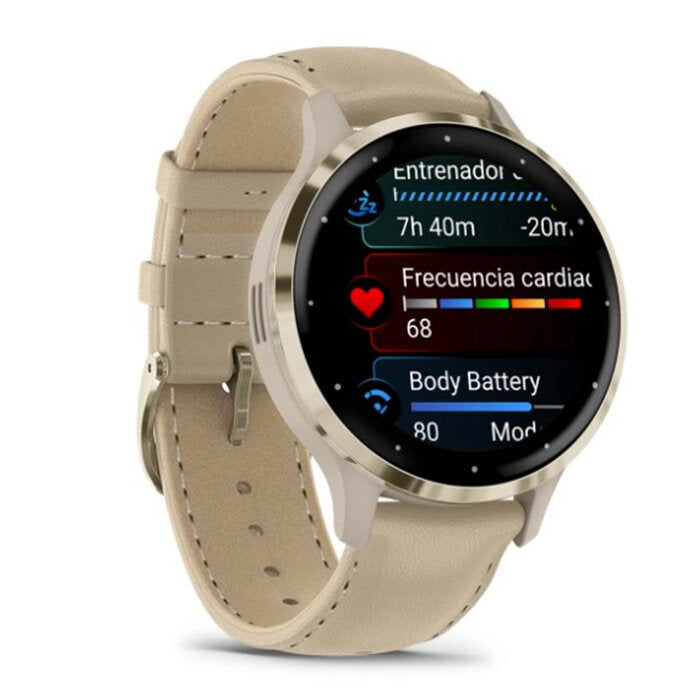 Reloj Garmin Venu 3S Acero Gold Correa Cuero Beige 010-02785-55